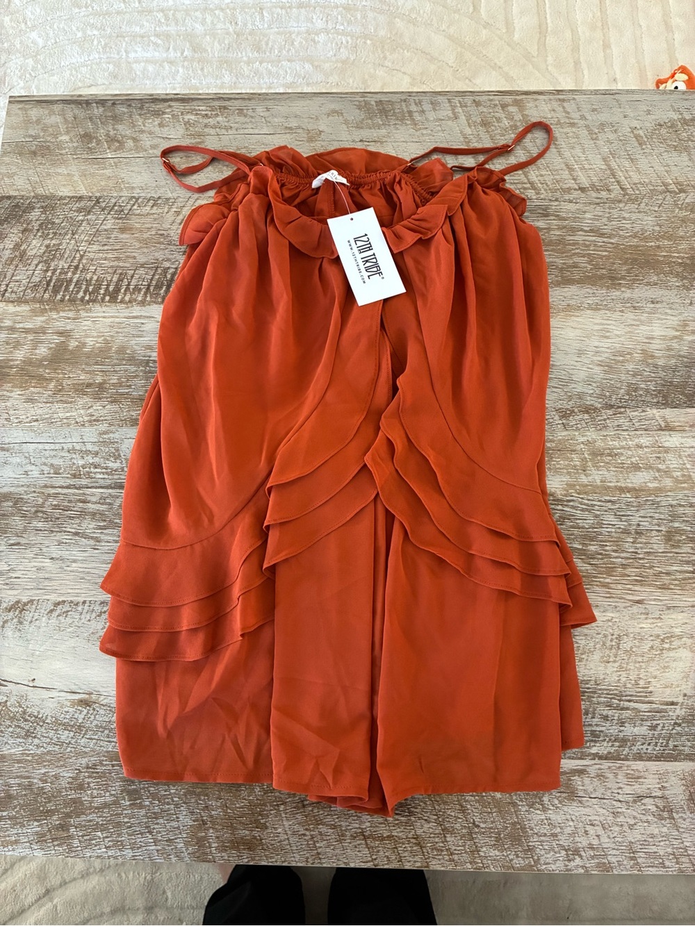 12th Tribe Rust Orange Ruffle-Front Mini Dress